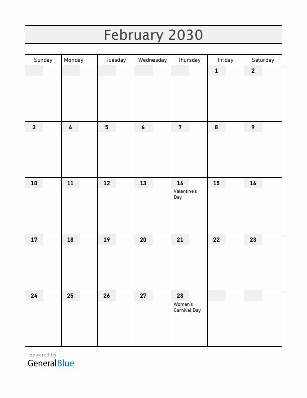 Germany February 2030 Calendar with Holidays