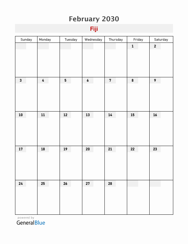 Fiji February 2030 Calendar with Holidays