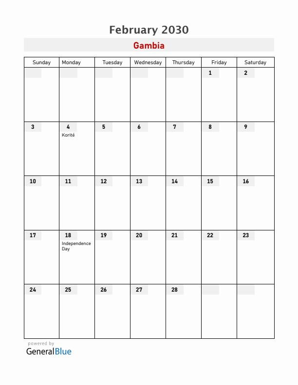 Gambia February 2030 Calendar with Holidays