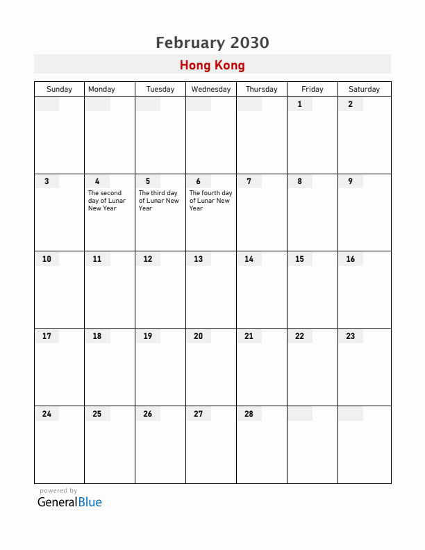 Hong Kong February 2030 Calendar with Holidays