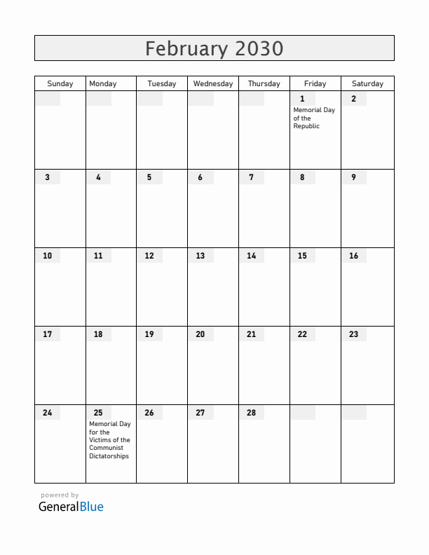 Hungary February 2030 Calendar with Holidays