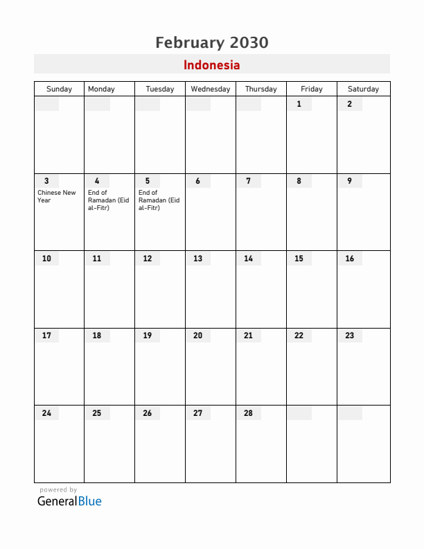 Indonesia February 2030 Calendar with Holidays
