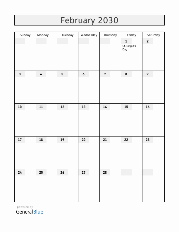 Ireland February 2030 Calendar with Holidays