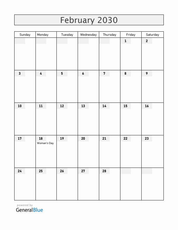 Iceland February 2030 Calendar with Holidays