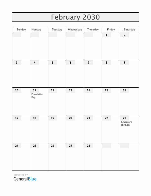 Japan February 2030 Calendar with Holidays