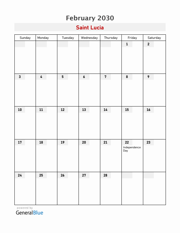 Saint Lucia February 2030 Calendar with Holidays
