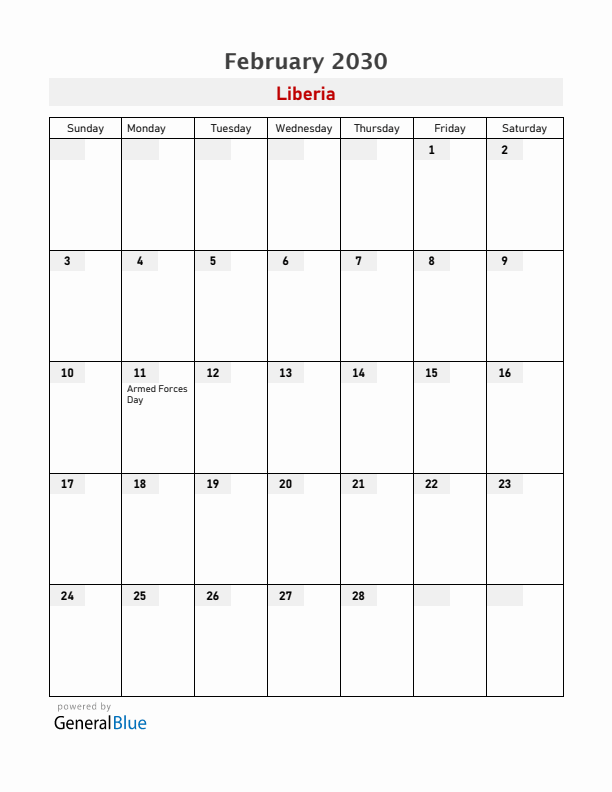 Liberia February 2030 Calendar with Holidays