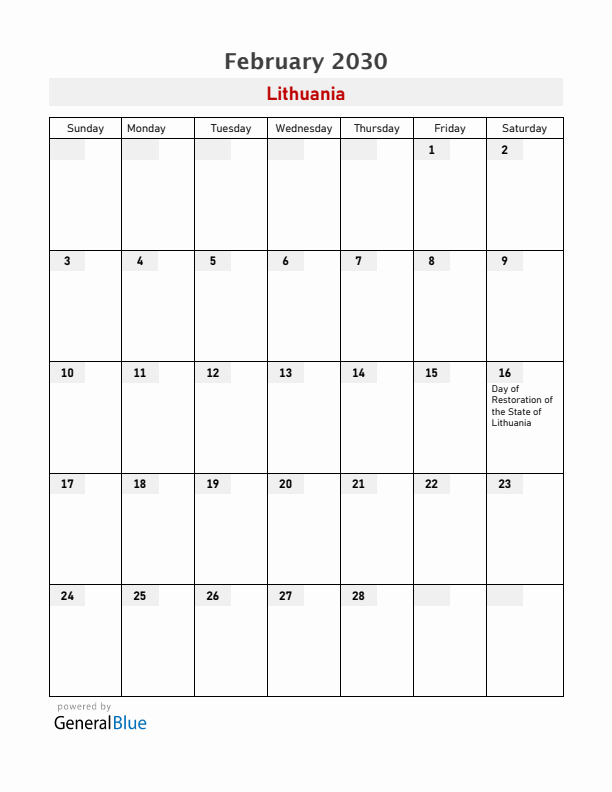 Lithuania February 2030 Calendar with Holidays