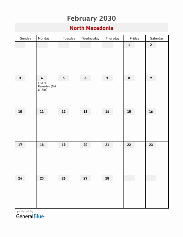 North Macedonia February 2030 Calendar with Holidays