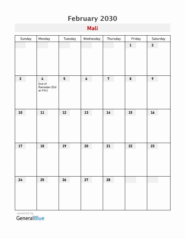Mali February 2030 Calendar with Holidays