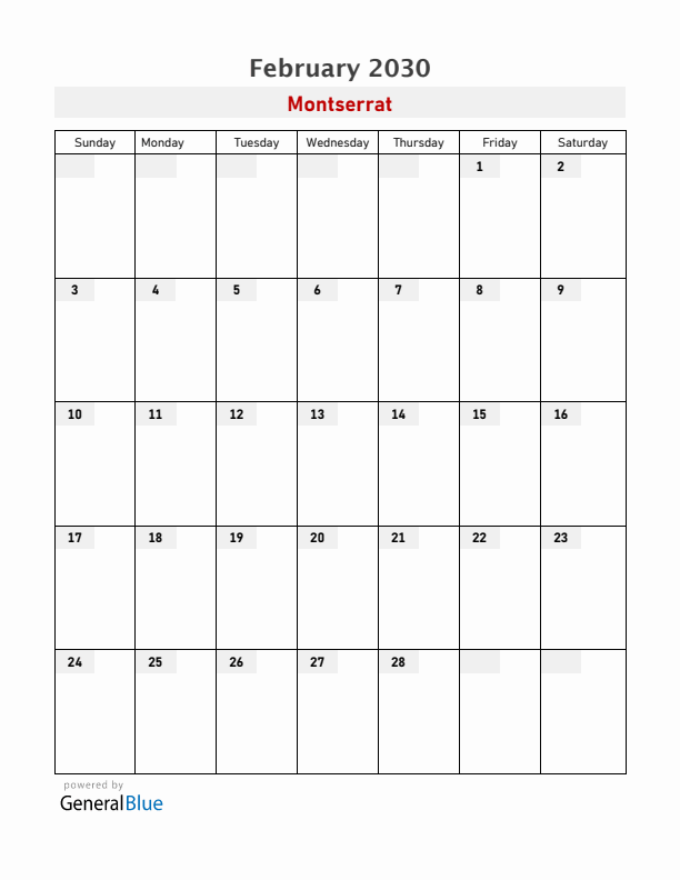 Montserrat February 2030 Calendar with Holidays