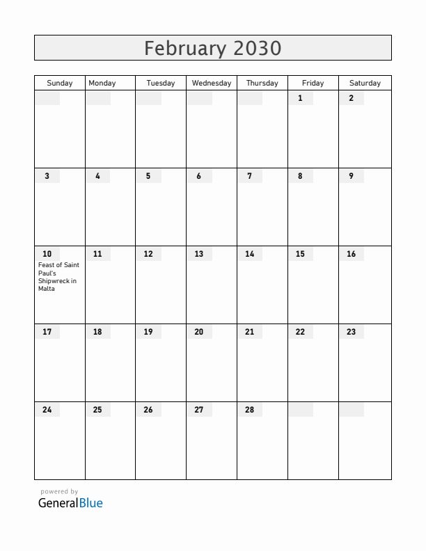 Malta February 2030 Calendar with Holidays