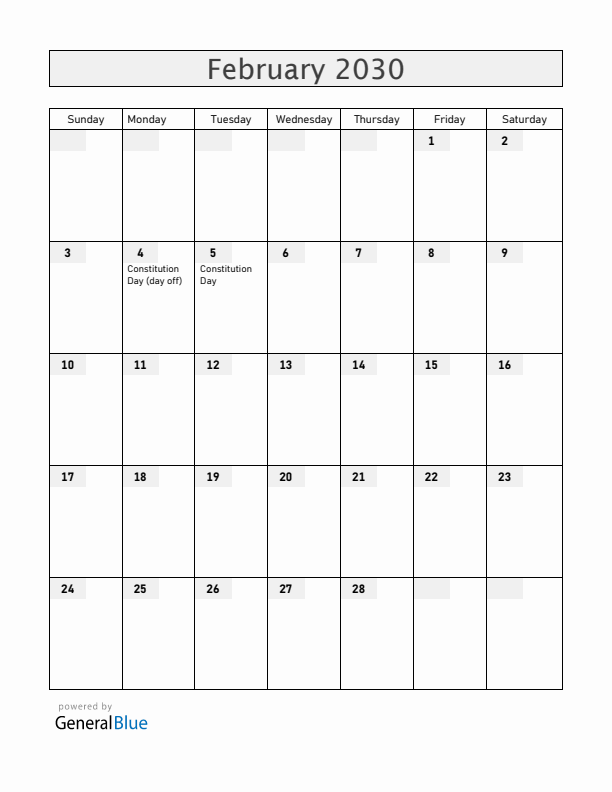 Mexico February 2030 Calendar with Holidays