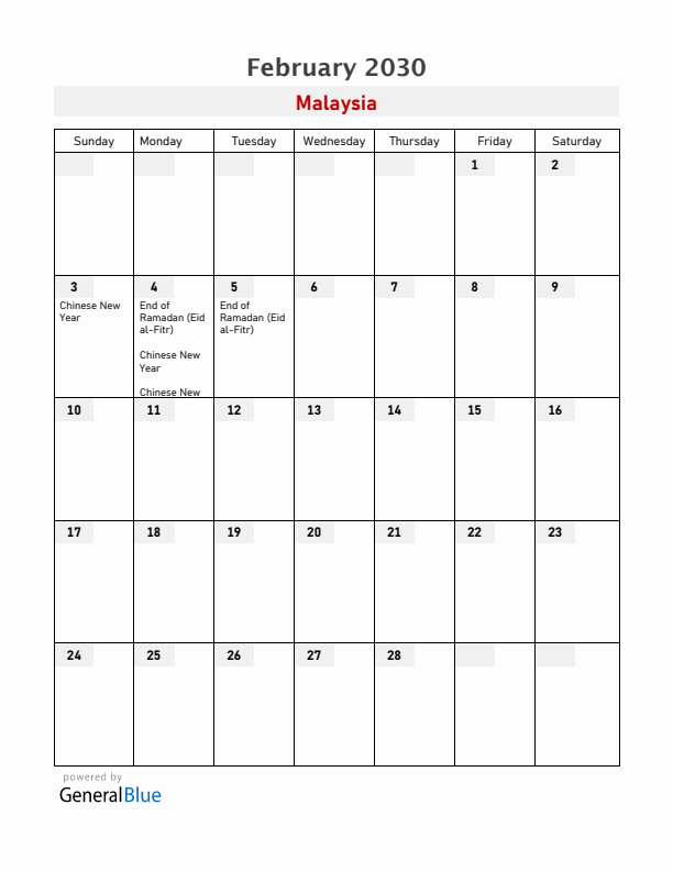 Malaysia February 2030 Calendar with Holidays