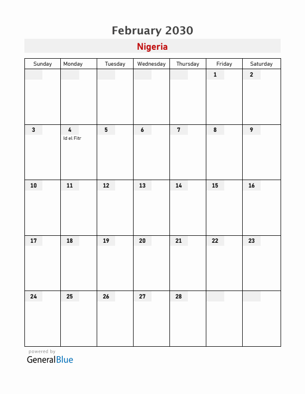 Nigeria February 2030 Calendar with Holidays