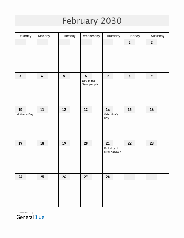 Norway February 2030 Calendar with Holidays