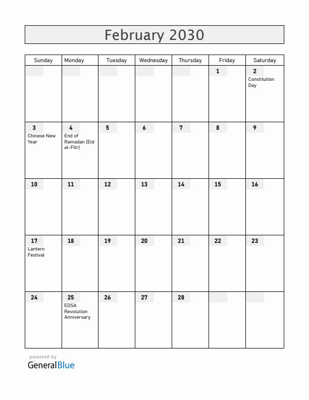 Philippines February 2030 Calendar with Holidays