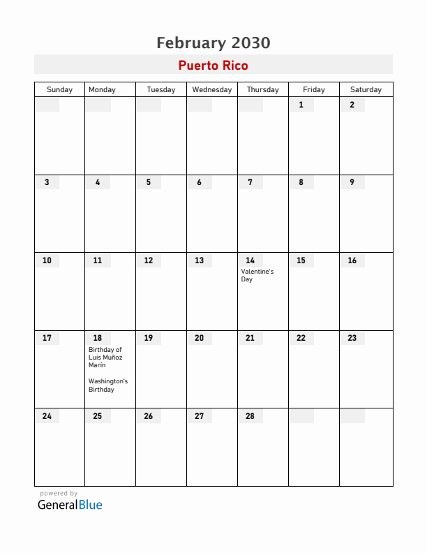 Puerto Rico February 2030 Calendar with Holidays