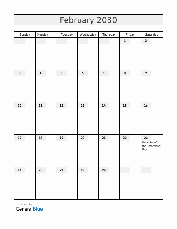 Russia February 2030 Calendar with Holidays