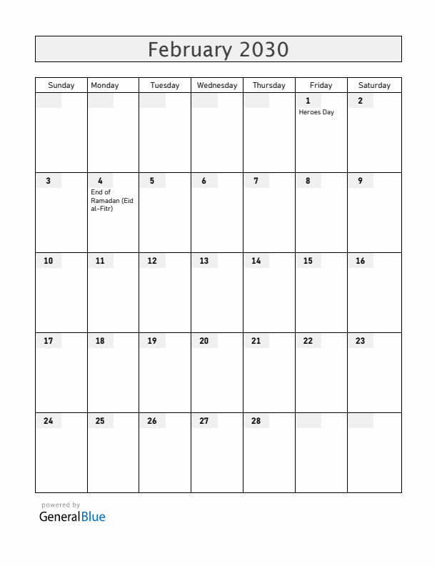 Rwanda February 2030 Calendar with Holidays