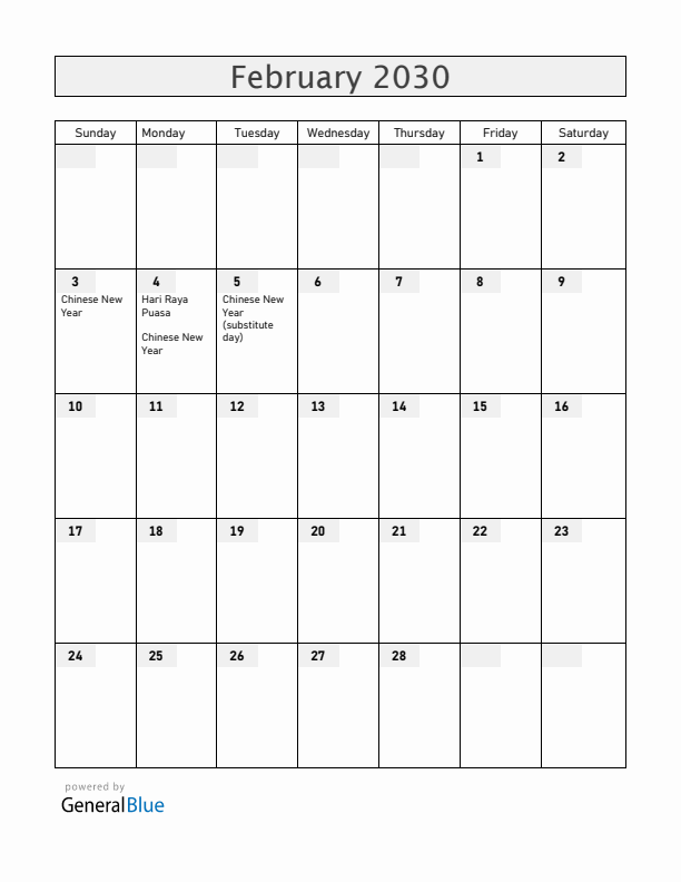 Singapore February 2030 Calendar with Holidays