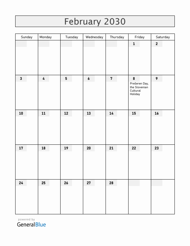 Slovenia February 2030 Calendar with Holidays