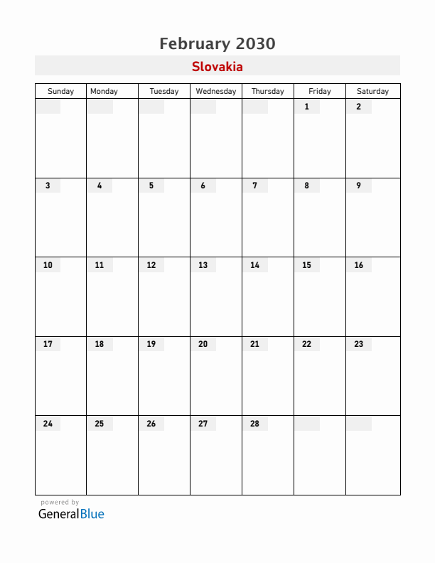 Slovakia February 2030 Calendar with Holidays