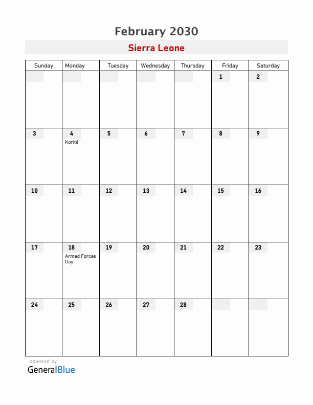 Sierra Leone February 2030 Calendar with Holidays
