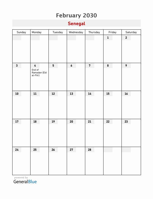 Senegal February 2030 Calendar with Holidays