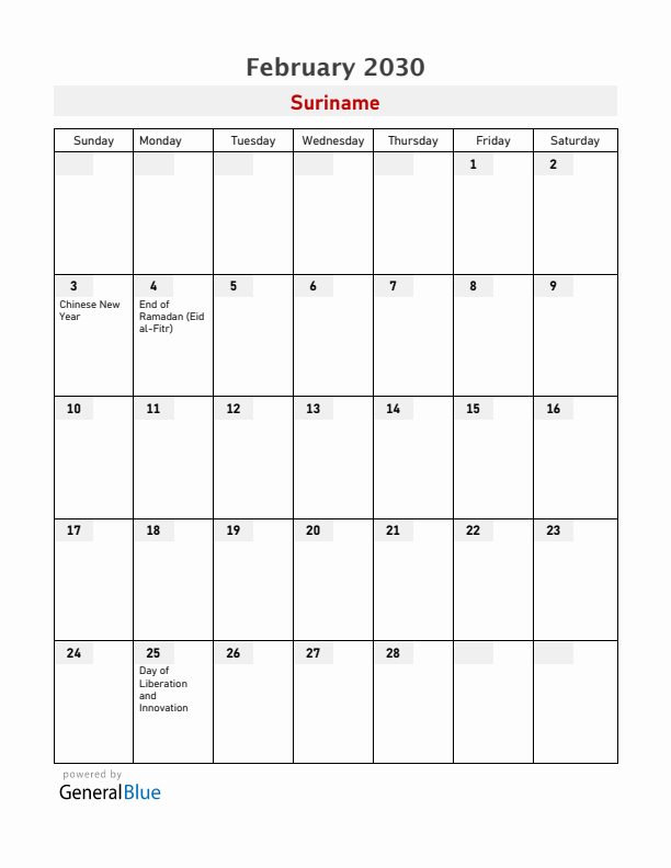 Suriname February 2030 Calendar with Holidays