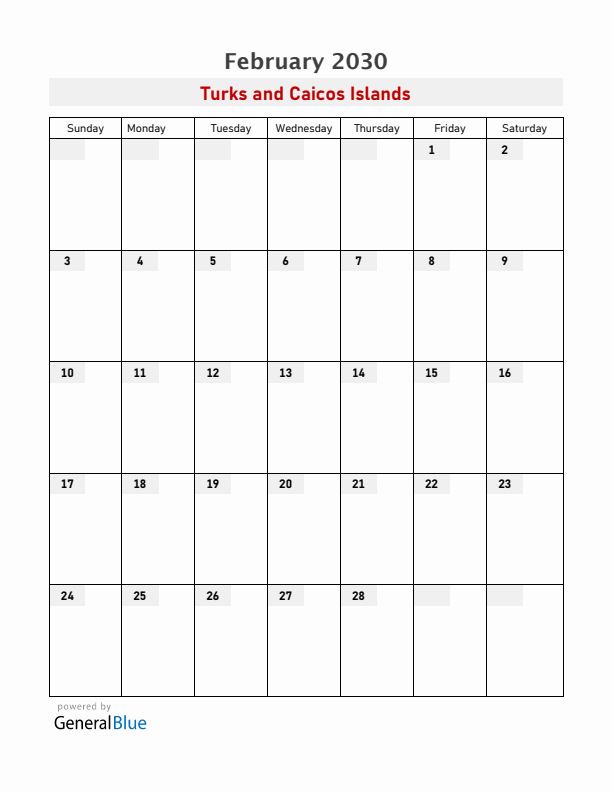 Turks and Caicos Islands February 2030 Calendar with Holidays