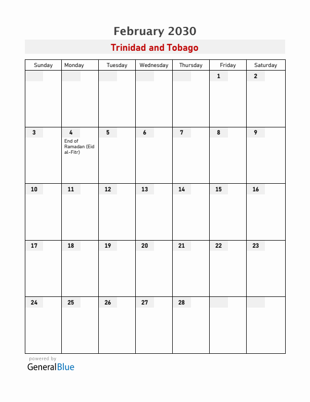 Trinidad and Tobago February 2030 Calendar with Holidays