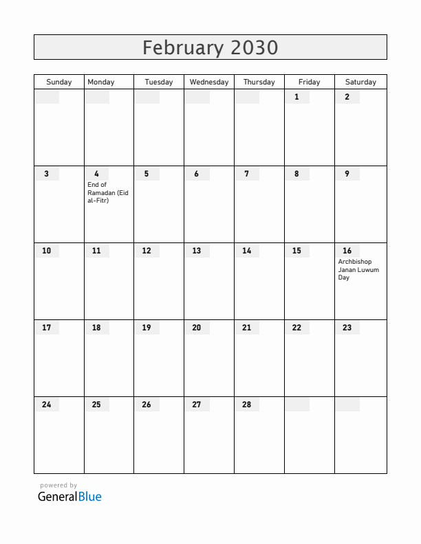 Uganda February 2030 Calendar with Holidays