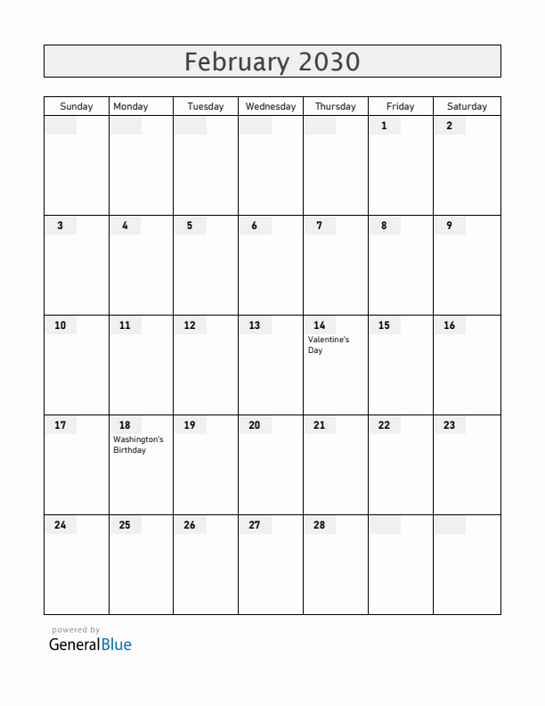 United States February 2030 Calendar with Holidays