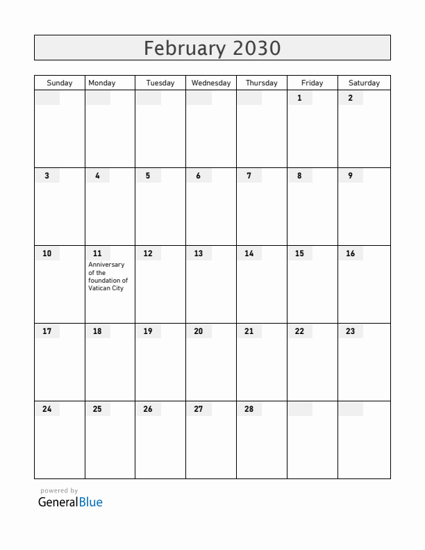 Vatican February 2030 Calendar with Holidays