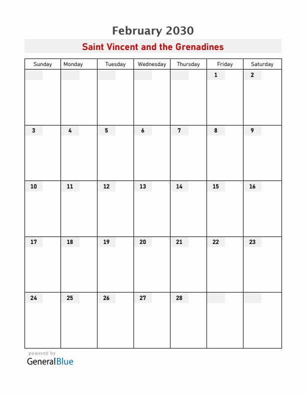 Saint Vincent and the Grenadines February 2030 Calendar with Holidays