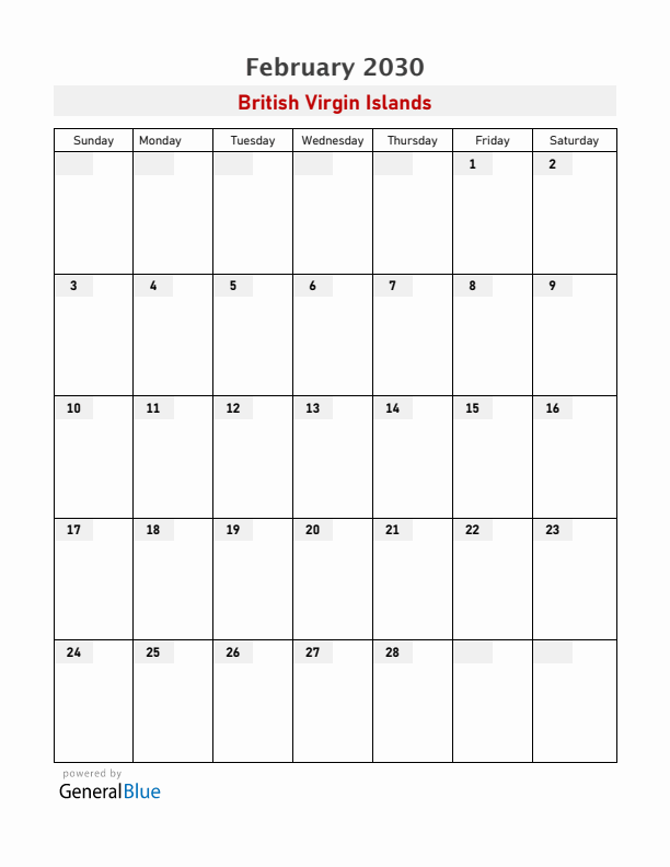 British Virgin Islands February 2030 Calendar with Holidays