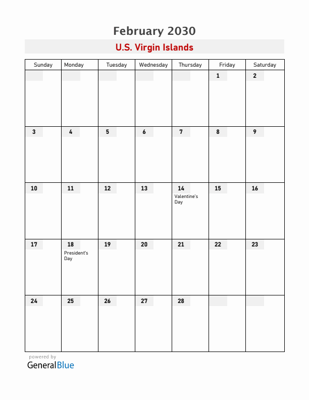 U.S. Virgin Islands February 2030 Calendar with Holidays