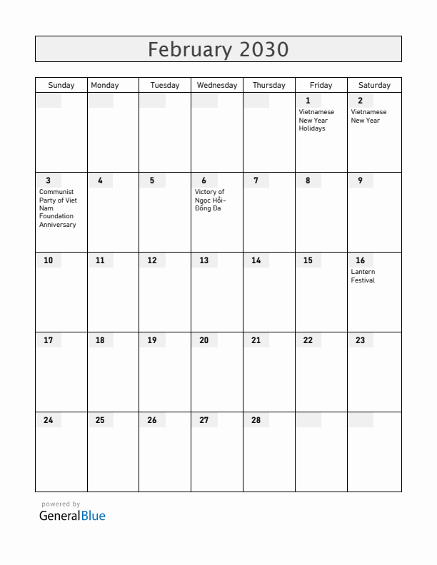 Vietnam February 2030 Calendar with Holidays