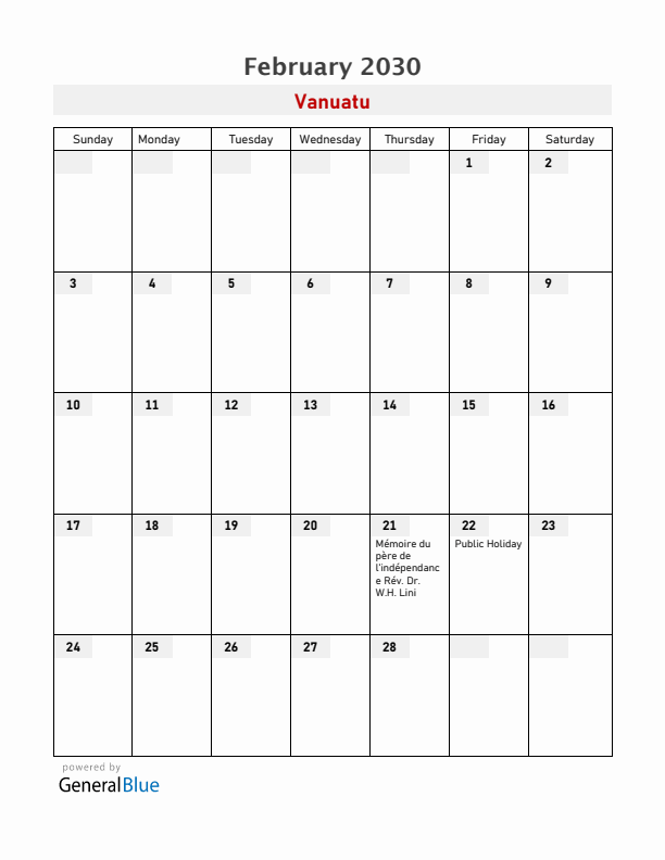 Vanuatu February 2030 Calendar with Holidays