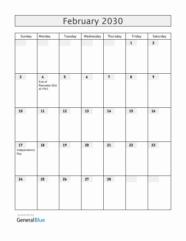 Kosovo February 2030 Calendar with Holidays