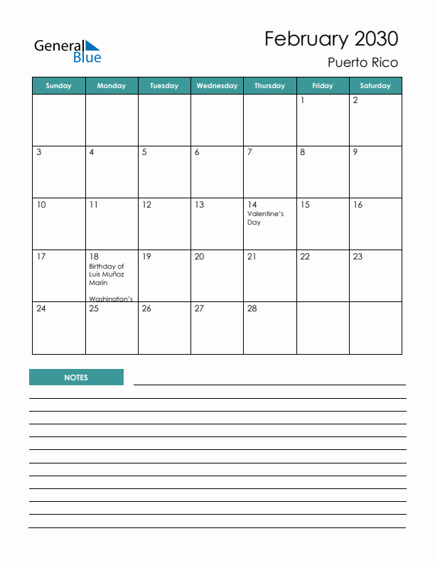 Calendar with Notes Printable - Sunday Start