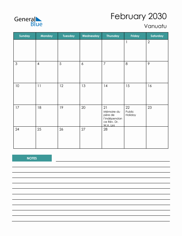 Calendar with Notes Printable - Sunday Start