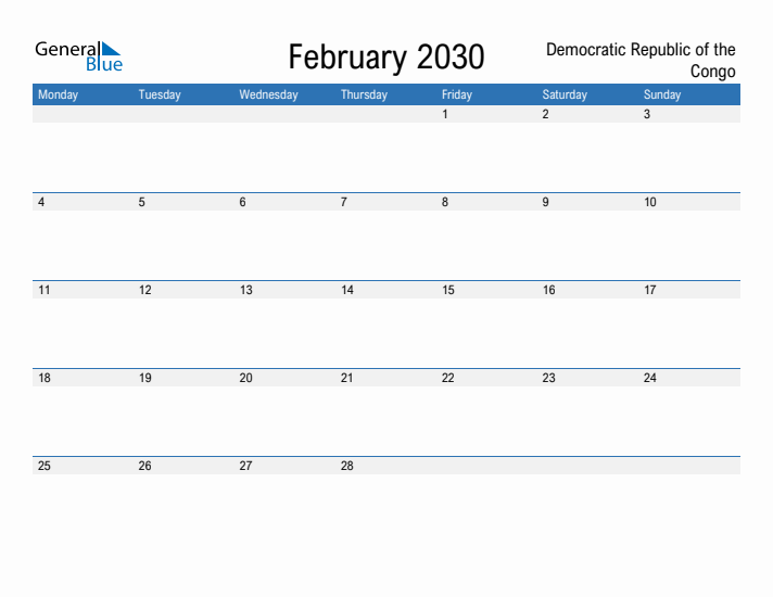Fillable February 2030 Calendar