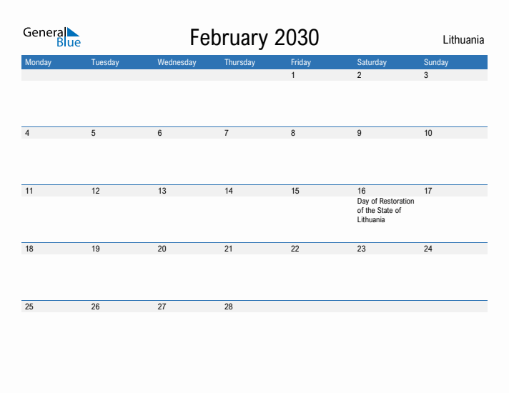Fillable February 2030 Calendar