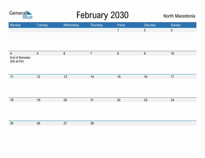 Fillable February 2030 Calendar