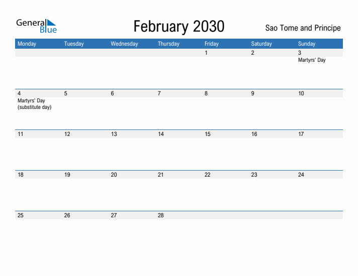 Fillable February 2030 Calendar