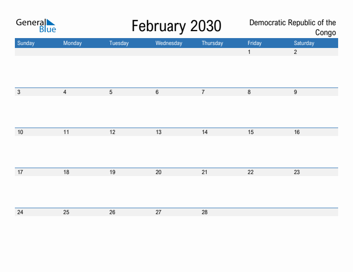 Fillable February 2030 Calendar