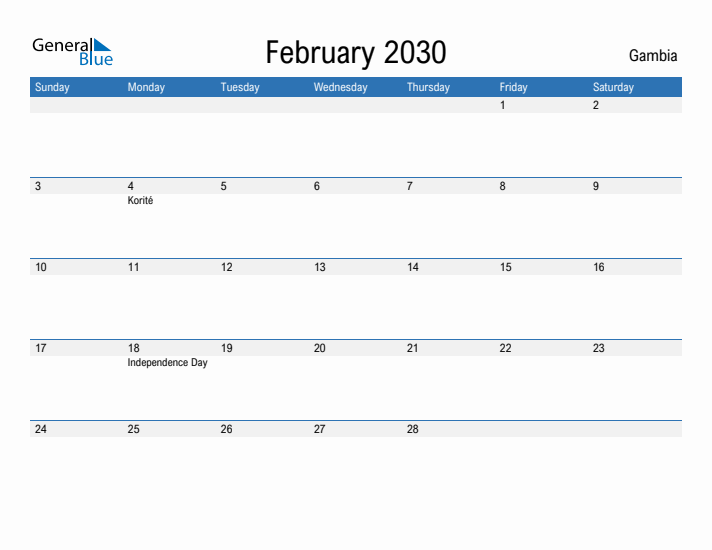 Fillable February 2030 Calendar