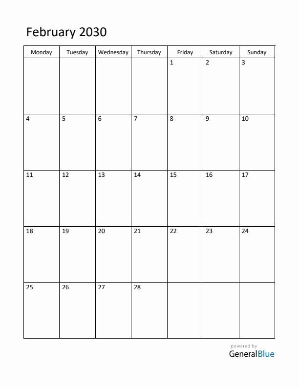 Monday Start Calendar for February 2030